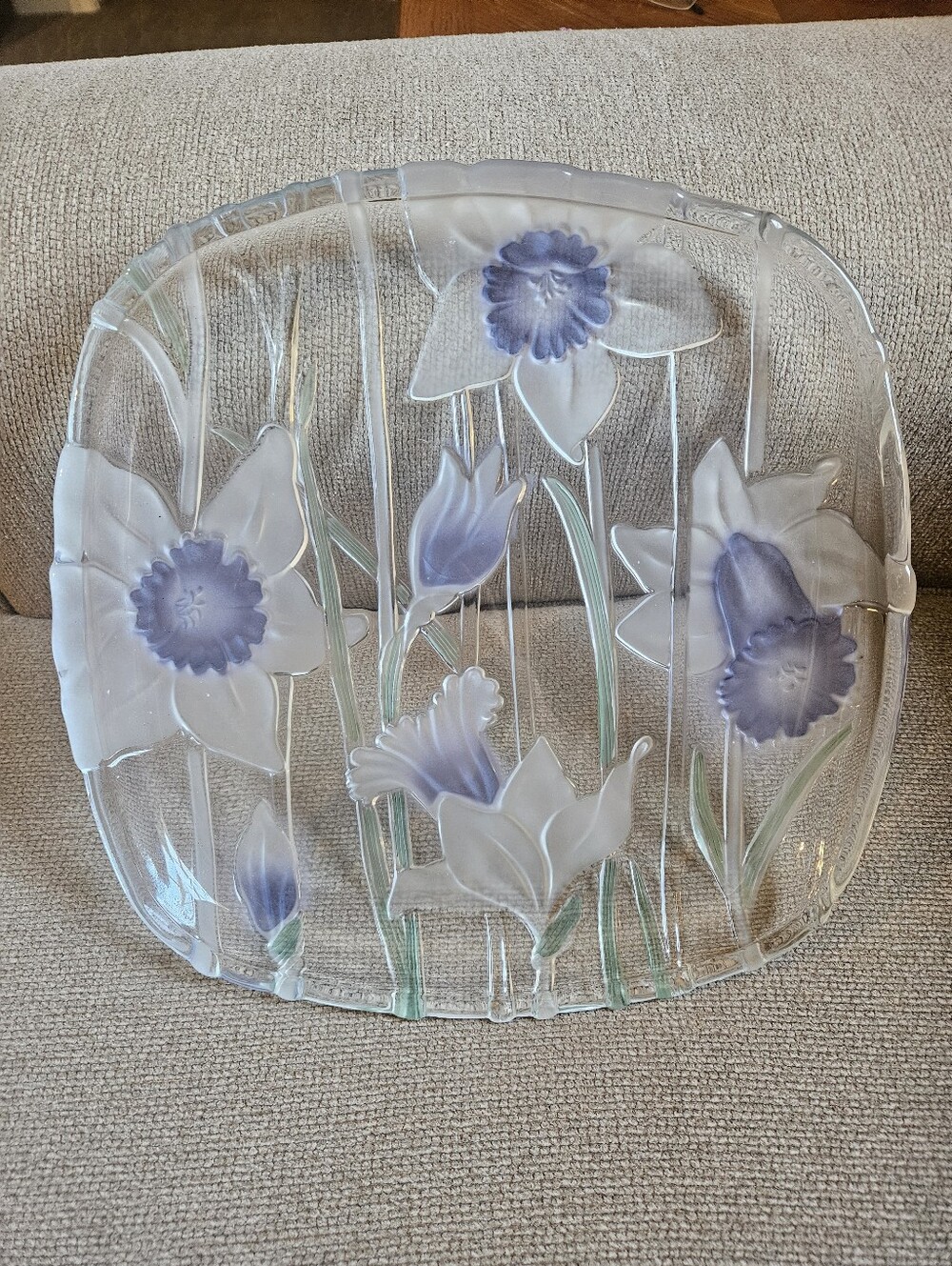 Vintage "Narcissus" Frosted Glass Serving Platter With Purple Daffodils